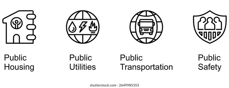 Para o público banner web icon vetorial ilustração de habitação, serviços públicos, transporte, segurança