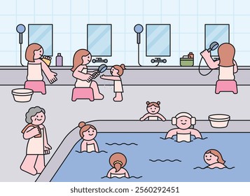 A public bathhouse in Korea. In the public bathhouse of the sauna, people are taking a Turkish bath or washing in the shower. Cuttiny character with outline.