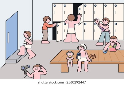 A public bathhouse in Korea. In the sauna's locker room, people are changing clothes and eating snacks. Cuttiny character with outline.