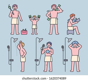 Public baths for men. Cute character collection of people washing in the bath. flat design style minimal vector illustration.