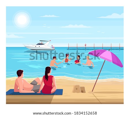 Public beach semi flat vector illustration. Summertime recreation. Kids swim and play. Parent rest. Summer relaxation near sea. Fun activity near ocean. Family 2D cartoon characters for commercial use