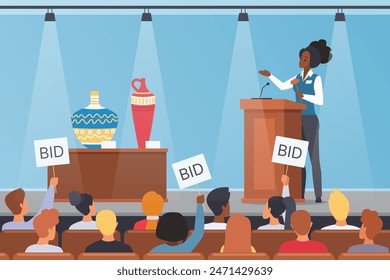 Public bidding for valuable antique vases at auction. Auctioneer with hammer standing on stage near artwork, competitors sitting on seats in hall, raise bids upwards cartoon vector illustration