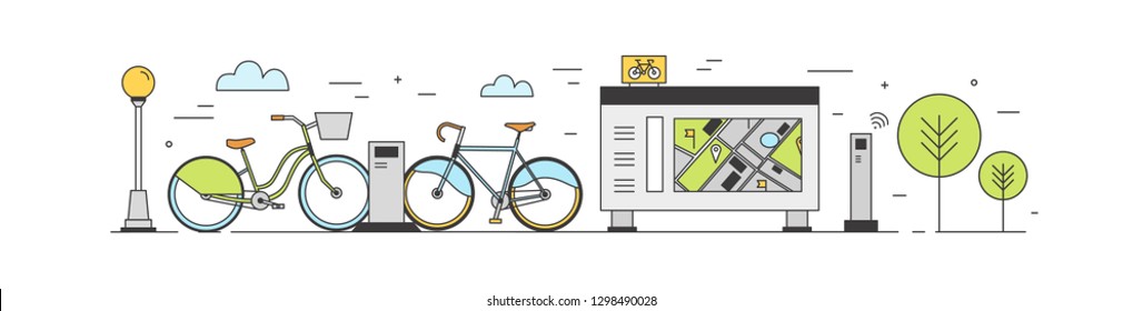 Public bike sharing area with bicycles available for rent parked at docking stations on city street, payment terminals, map stand. Rental service. Colored vector illustration in modern line art style.