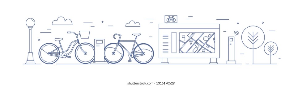 Public bike sharing zone with bicycles available for rent parked at docking stations on street, payment terminals, map stand drawn with contour lines. Monochrome vector illustration in linear style.