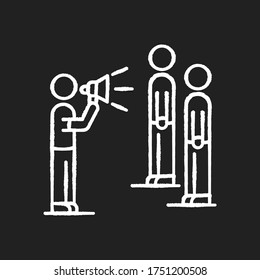 Public broadcasting chalk white icon on black background. Mass media presenter with megaphone. Propaganda campaign. Public relation. Authority message. Isolated vector chalkboard illustration