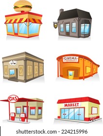 Public Building Cartoon Set, Fast Food Restaurant, Cinema, Gas Station, Theater, Bar, Super Market, Market, Service Industry.