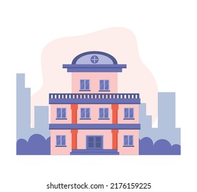 Public building with city background. Concept vector illustration in flat style for  travel, architecture, business, library, educational establishment