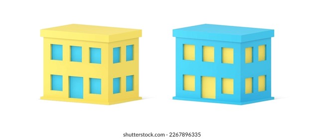 Public building city street infrastructure two story school government administration hospital 3d icon set realistic vector illustration. Urban construction exterior house property real estate facade