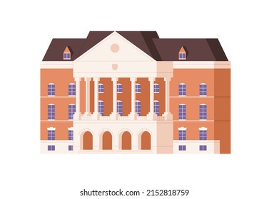 Public building facade exterior. Outside of university, school construction. Classic architecture of municipal structure, authority establishment. Flat vector illustration isolated on white background