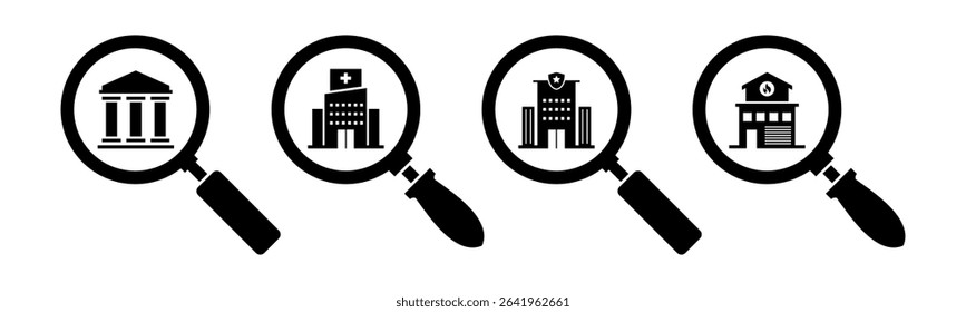 Public building and magnifying glass icon set illustration vector. Courthouse, Hospital, Police Station, Fire Station, with magnifying glass sign and symbol.