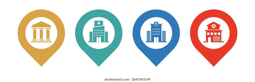 Public building and Pin icon set illustration vector. Courthouse, Hospital, Police Station, Fire Station, with location sign and symbol.