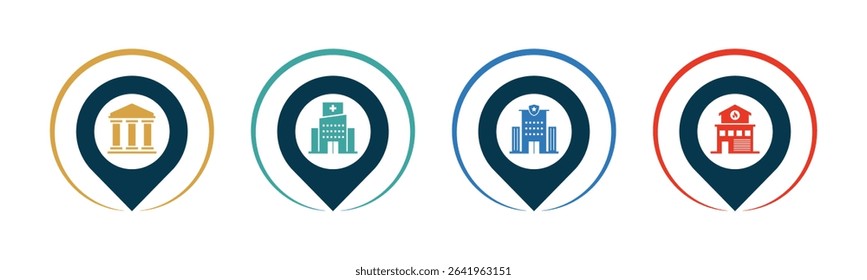 Public building and Pin icon set illustration vector. Courthouse, Hospital, Police Station, Fire Station, with location sign and symbol.