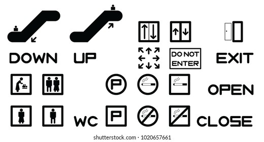 Public Building Signage / General purpose,  WC, escalator, elevator, no smoking exit 