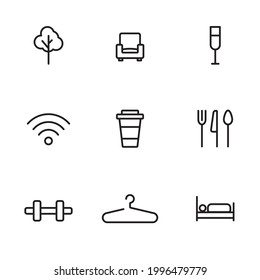 Public building universal symbols. Mall or hotel icon set. Information vector sign set. Way finding system signboard minimalist icon. Illustration 8 eps lines editable.