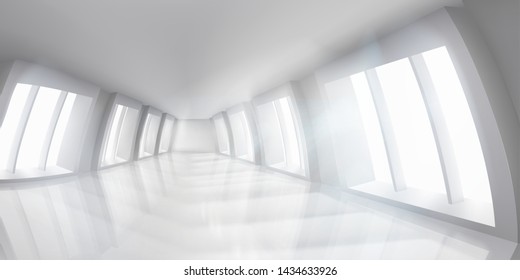 Public building. White empty interior. Long hall. Vector illustration.