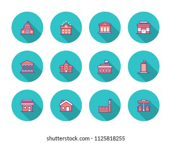 Public Buildings Colored Flat Line Icon Set