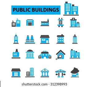 Public buildings, houses icons concept. Hospital, factory, mall, government building, city buildings, library building. Vector illustration set