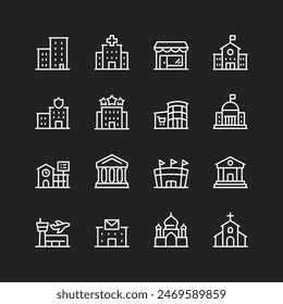 Public buildings icon set, white on black background. City infrastructure - residential, commercial, educational, institutional, religious edifices. Customizable line thickness