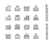 Public Buildings, linear style icon set. City infrastructure and community facilities. Residential, commercial, educational, institutional, and religious edifices. Editable stroke width.