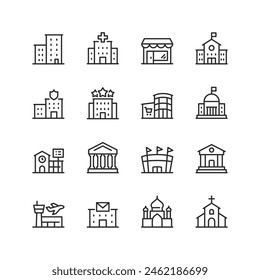 Public Buildings, linear style icon set. City infrastructure and community facilities. Residential, commercial, educational, institutional, and religious edifices. Editable stroke width.