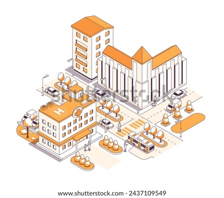 Public buildings on the street - vector isometric illustration. Hospital, bank, office and residential high-rise construction, highway with cars, bus and ambulance, pedestrians crossing the road