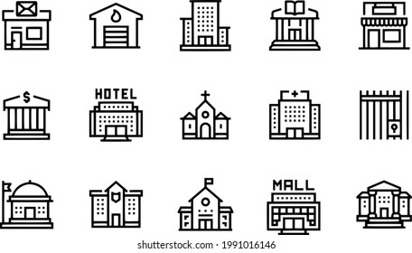 Public Buildings, Post Office, Fire Station Icons Vector Design 