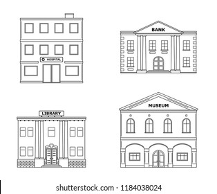 Public buildings set. Museum, hospital, library, bank building isolated on white background. Urban infrastructure. Vector illustration.