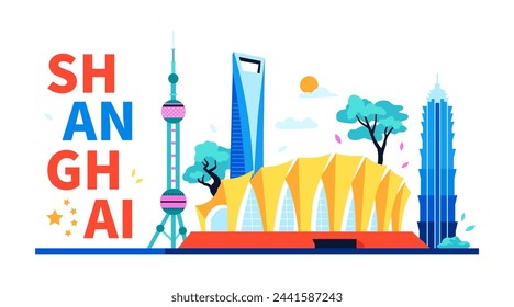 Edificios públicos en Shanghái - ilustración vectorial de colores modernos con el Centro Deportivo Oriental, Pearl TV y la Torre Jin Mao y el núcleo financiero mundial. Panorama de la calle con idea de lugares icónicos