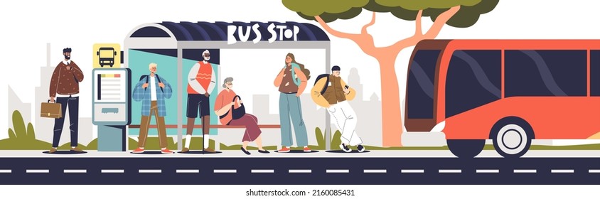 Public bus arriving at bus stop station with people waiting for departure. Passengers travel with urban transport. City transportation concept. Cartoon flat vector illustration