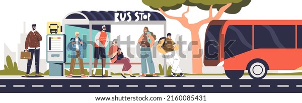Public bus\
arriving at bus stop station with people waiting for departure.\
Passengers travel with urban transport. City transportation\
concept. Cartoon flat vector\
illustration