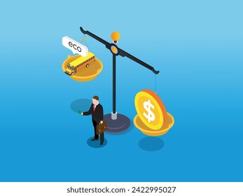 Public bus and gold coin on scales 3d isometric vector illustration