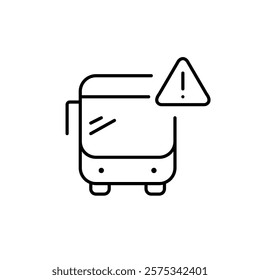 Public bus and hazard alert symbol. Exclamation mark in triangle. Transit system safety warning, accident emergency notification. Passenger risks and security. Pixel perfect vector icon