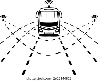Public bus navigating through a smart city icon vector.