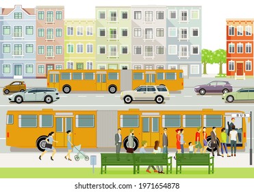 Public bus on the bus stop with passengers illustration