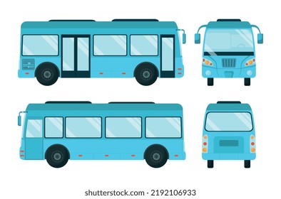 Public bus set. Vehicle collection from all sides. Blue big car. City transport, comfort and coziness. Social network stickers. Cartoon flat vector illustrations isolated on white background