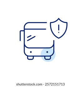 Public bus, shield and exclamation mark. Road and transport safety, danger notifications. Transit system security warning. Pixel perfect, editable stroke icon
