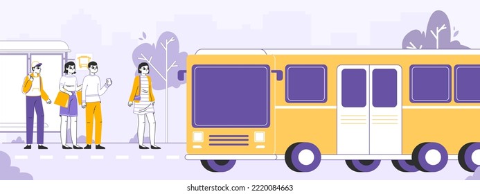 Public bus station, city bus passengers. Urban public transportation infrastructure, characters at bus stop flat vector illustration. People travel on city busses