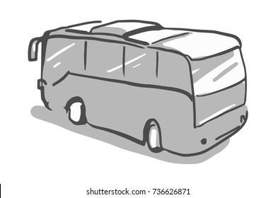 Public bus view from above black and white vector sketch. Simple drawing isolated at white background.