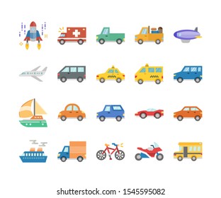 public car and transports flat design icon set, vector and illustration