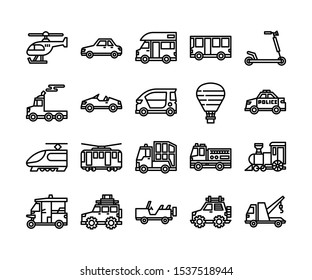 public car or transports outline icon set, vector and illustration