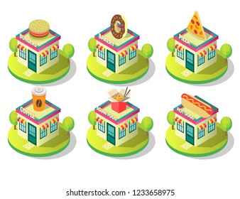 Public catering building icon set. Vector isometric illustration of different food establishments cafe, shop, restaurant buildings exterior view. Bakery burgers pizza coffee hotdogs and asian food.