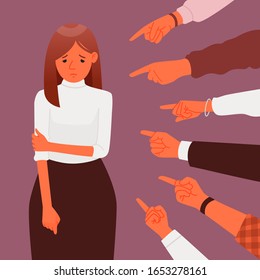 Public censure or blame. Victim of ridicule and shame. The concept of condemnation and bullying. Harassment. A lot of hands point to a sad depressed woman.. Vector illustration in a flat style