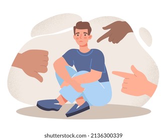 Public censure and victim blaming concept. Young crying depressed man sits on floor and sad. Fingers point at character and hate him. Cyberbullying on Internet. Cartoon flat vector illustration