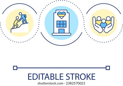 Public centers for vulnerable people support loop concept icon. Provide helping programs abstract idea thin line illustration. Isolated outline drawing. Editable stroke. Arial font used