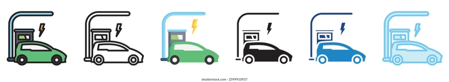 Public Charger multi style, mini illustration icon set. outline, flat, glyph, line color, UI, UX, app and web, digital or print. vector EPS 10 related to EV, electric car, transportation.