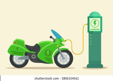 Public Charging Station For Electric Motorbike. Electric Motorcycle Battery Charger. Ecological Urban Transport. Vector Illustration, Flat Design, Cartoon Style, Isolated Background.