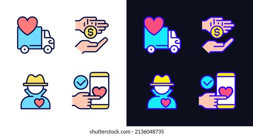 Public charity pixel perfect light and dark theme color icons set. Donating motor vehicle. Anonymous donor. Simple filled line drawings. Bright cliparts on white and black. Editable stroke