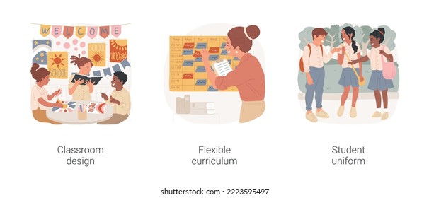 Public Charter school isolated cartoon vector illustration set. Classroom design, flexible curriculum, student uniform, education system, school fashion, creative curriculum vector cartoon.