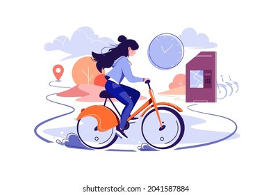 Public city bicycle rental business vector illustration. Woman riding on bike on road flat style. Active leisure, sport, weekend concept