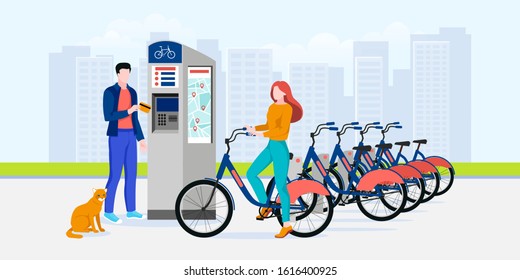 Public city bicycle sharing business, vector flat illustration. Man and woman pay for bike rent. Modern automated bike rental service system concept.